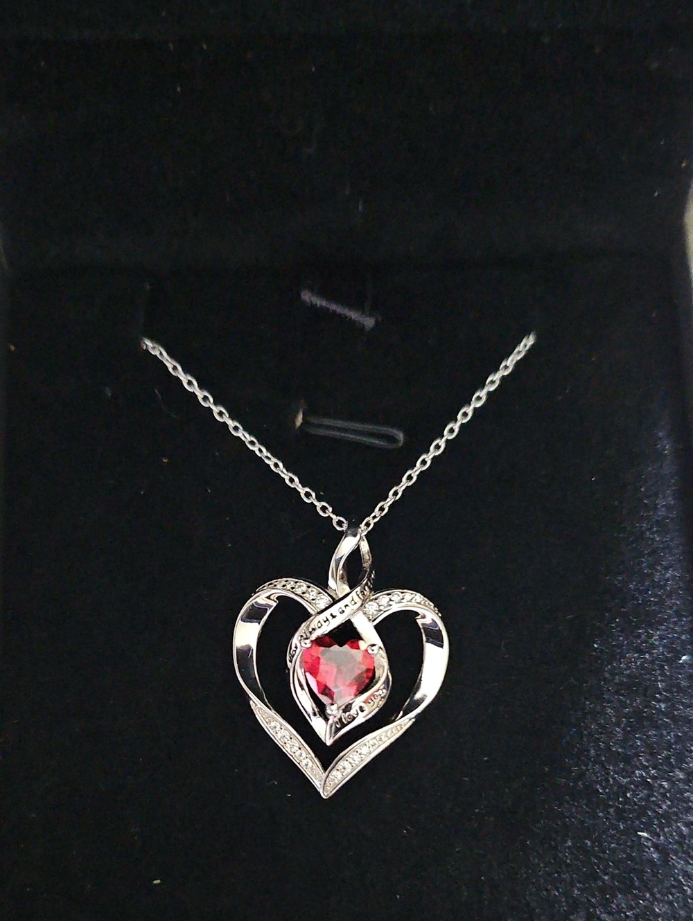 Sterling Heart Pendant Necklace with Red Gem